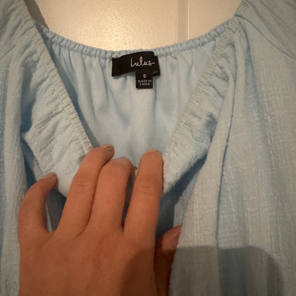 Lulus Sunny Day Feeling Light Blue Tiered Puff Sleeve Mini Dress - Size S - Picture 4 of 5